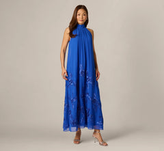 Georgette Soutache Embroidery Trapeze Halter Dress In Brilliant Sapphire