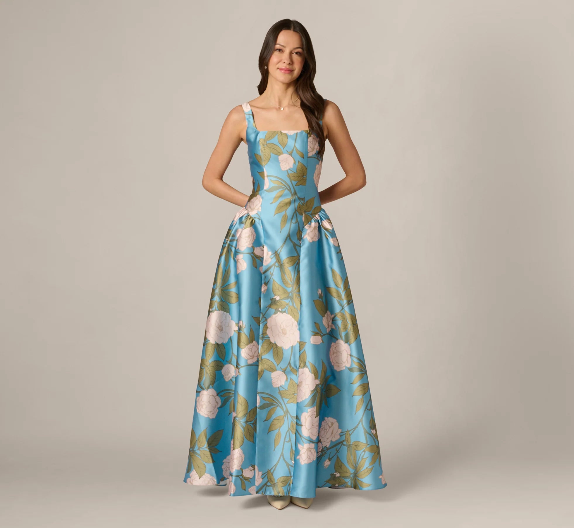 Drop Waist Square Neck Floral Ballgown In Blue Multi