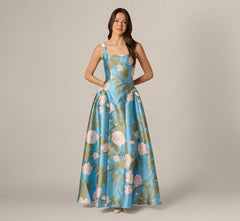 Drop Waist Square Neck Floral Ballgown In Blue Multi