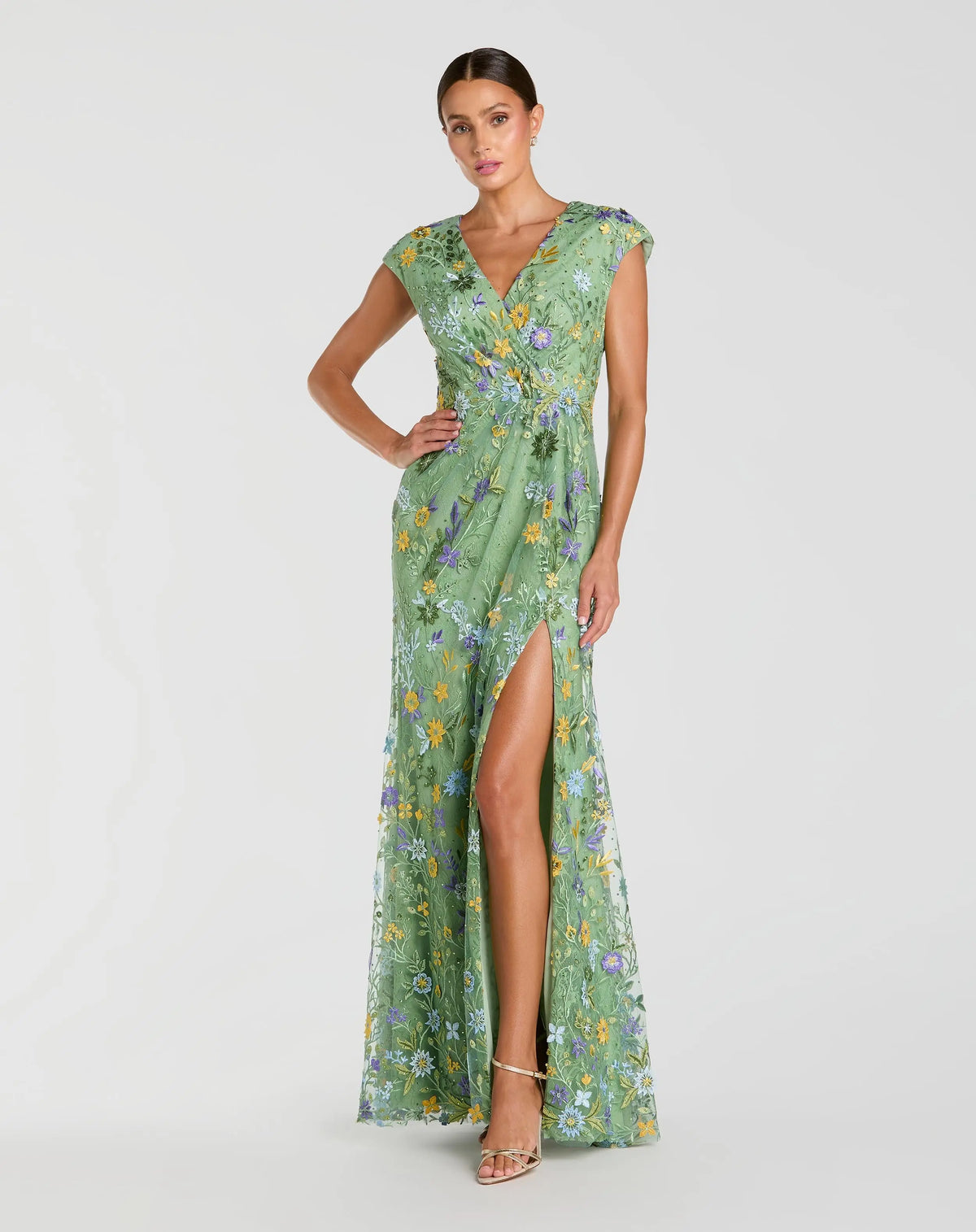 Faux Wrap Embroidered Cap Sleeve Gown