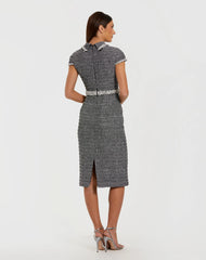 Black Embellished Cap Sleeve Boucle Midi Dress