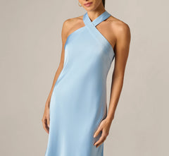 Bias Cut Stretch Satin Scarf Halter Gown In Azure Blue