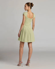 Green Tweed Cap Sleeve Pleated Mini Dress