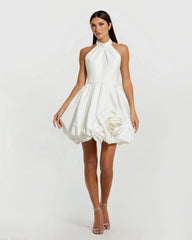 White Satin Bubble Hem Backless Mini Dress