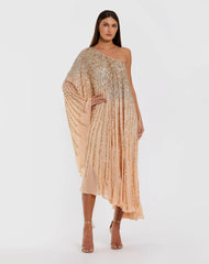 Light Orange One Shoulder Ombre Sequin Kaftan Dress