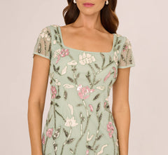 Short Sleeve Floral Beaded Square Neck Cocktail Dress In Icy Sage