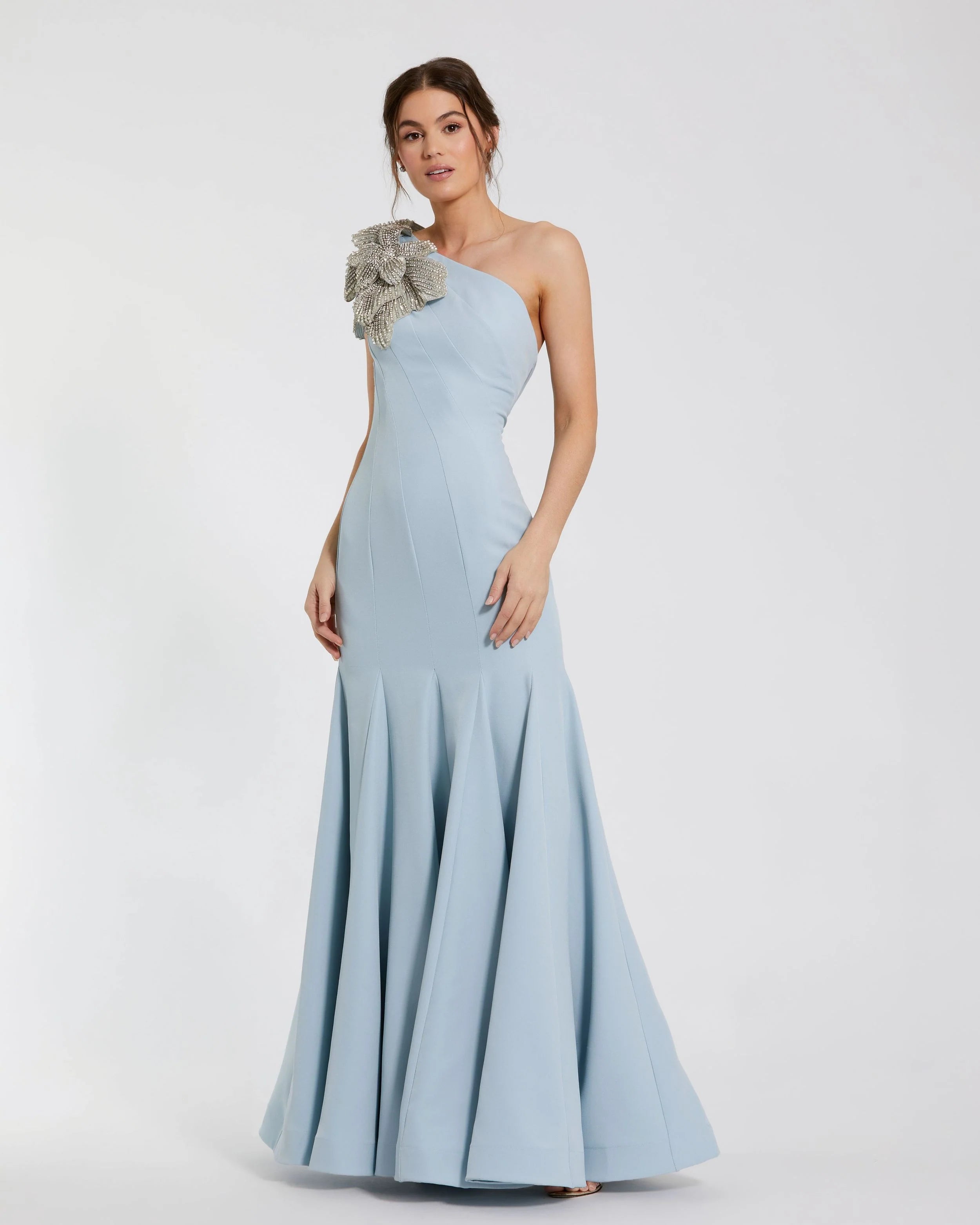 Crepe One Shoulder Gown With Crystal Flower