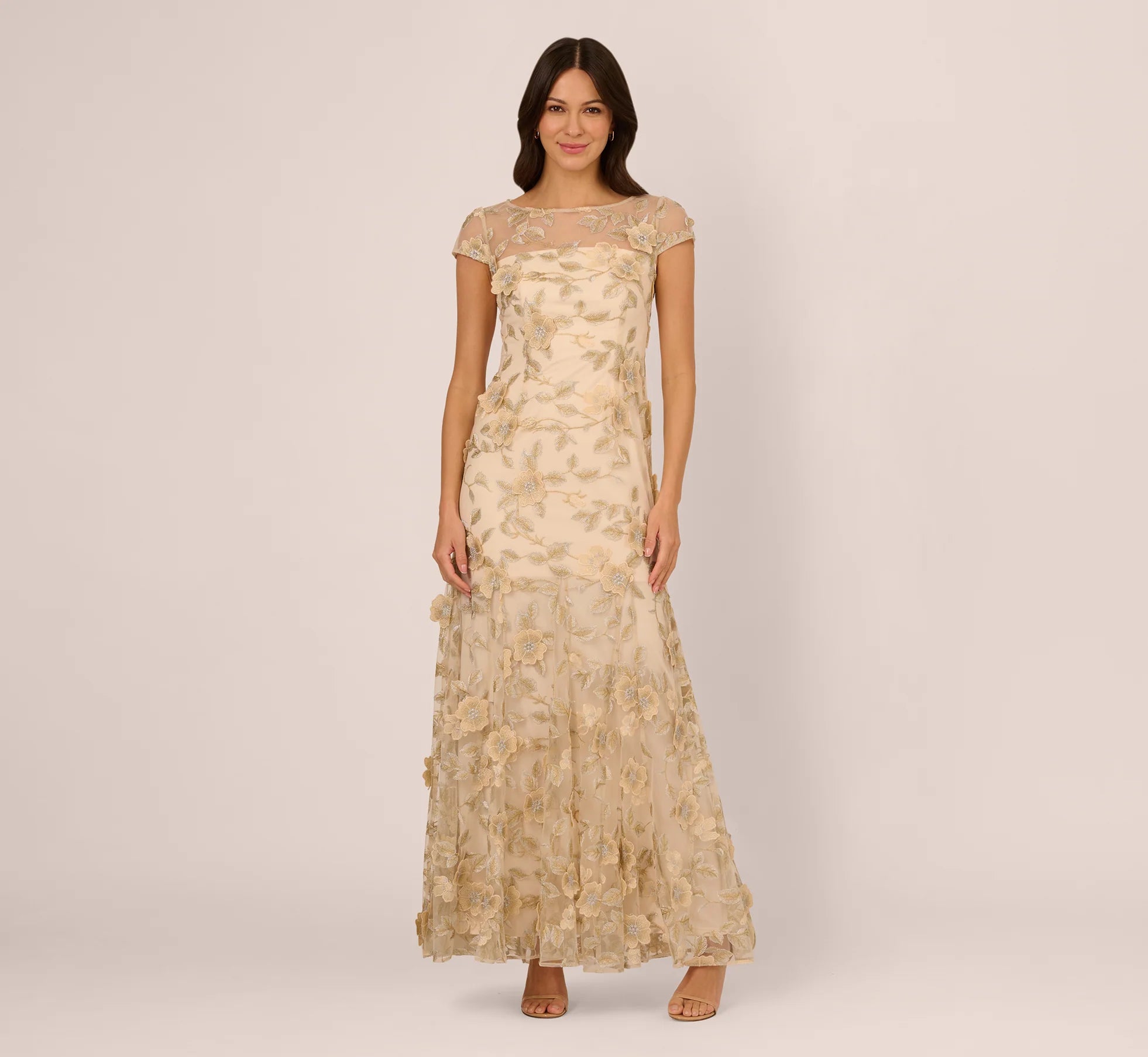Cap Sleeve Floral Embroidered Illusion Godet Gown In Champagne