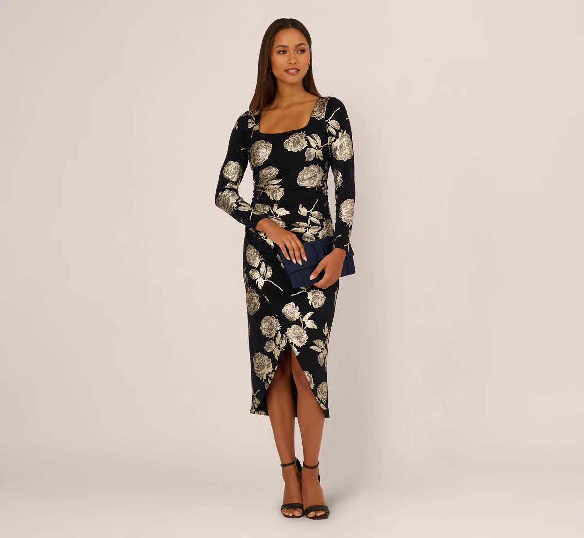 Long Sleeve Stretch Metallic Rose Floral Midi Dress In Navy Gold