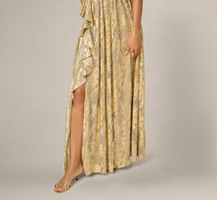 Sleeveless Metallic Crinkle Ruffle Gown In Champagne Gold