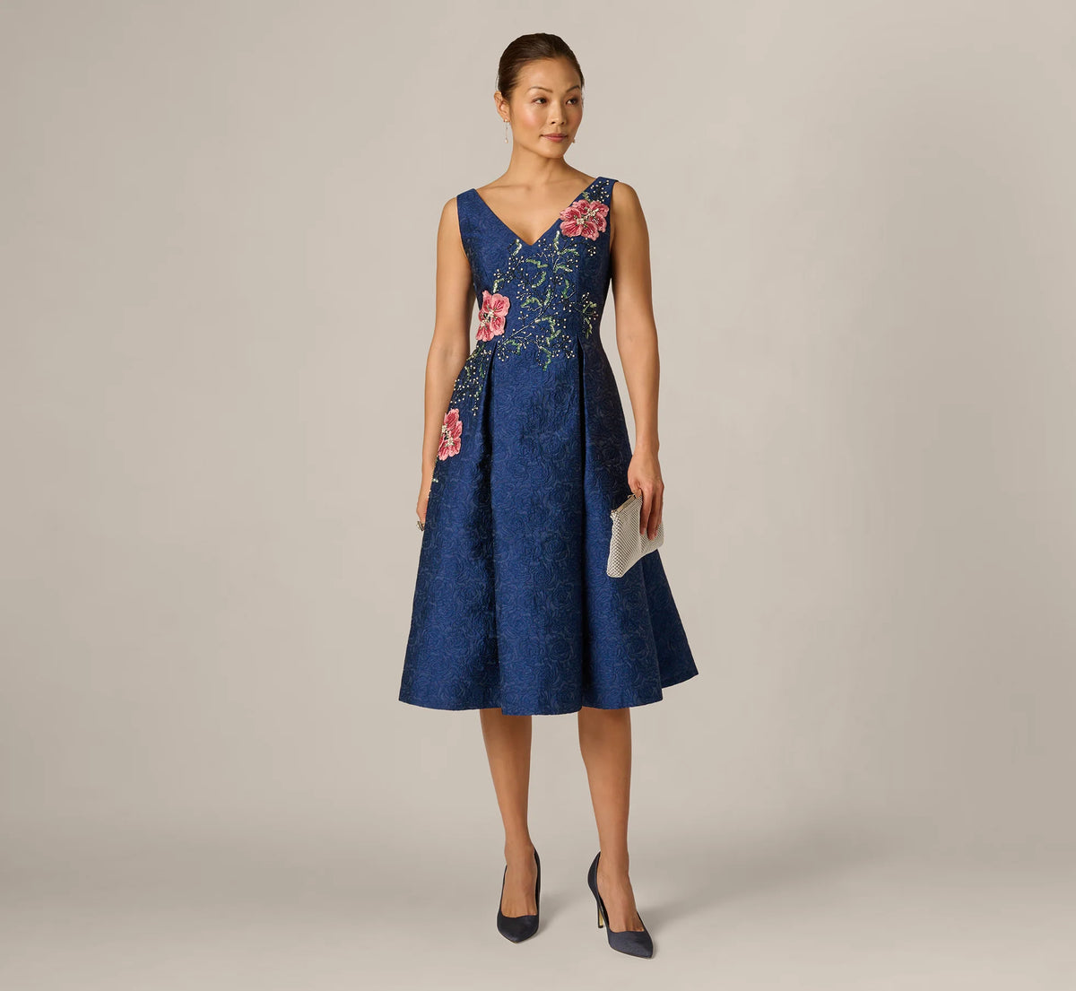 Jacquard Floral Beaded Fit And Flare Midi Dress In Midnight Multi