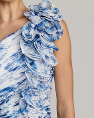 Blue Ruched Floral Chiffon Gown With 3D Ruffles