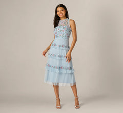 Sleeveless Floral Beaded Embroidery Ruffle Midi Dress In Elegant Sky Multi