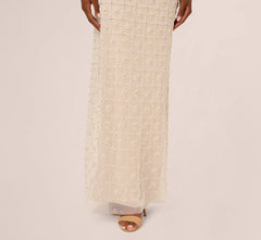 Off Shoulder Pearly Beaded Column Gown In Ivory Nude