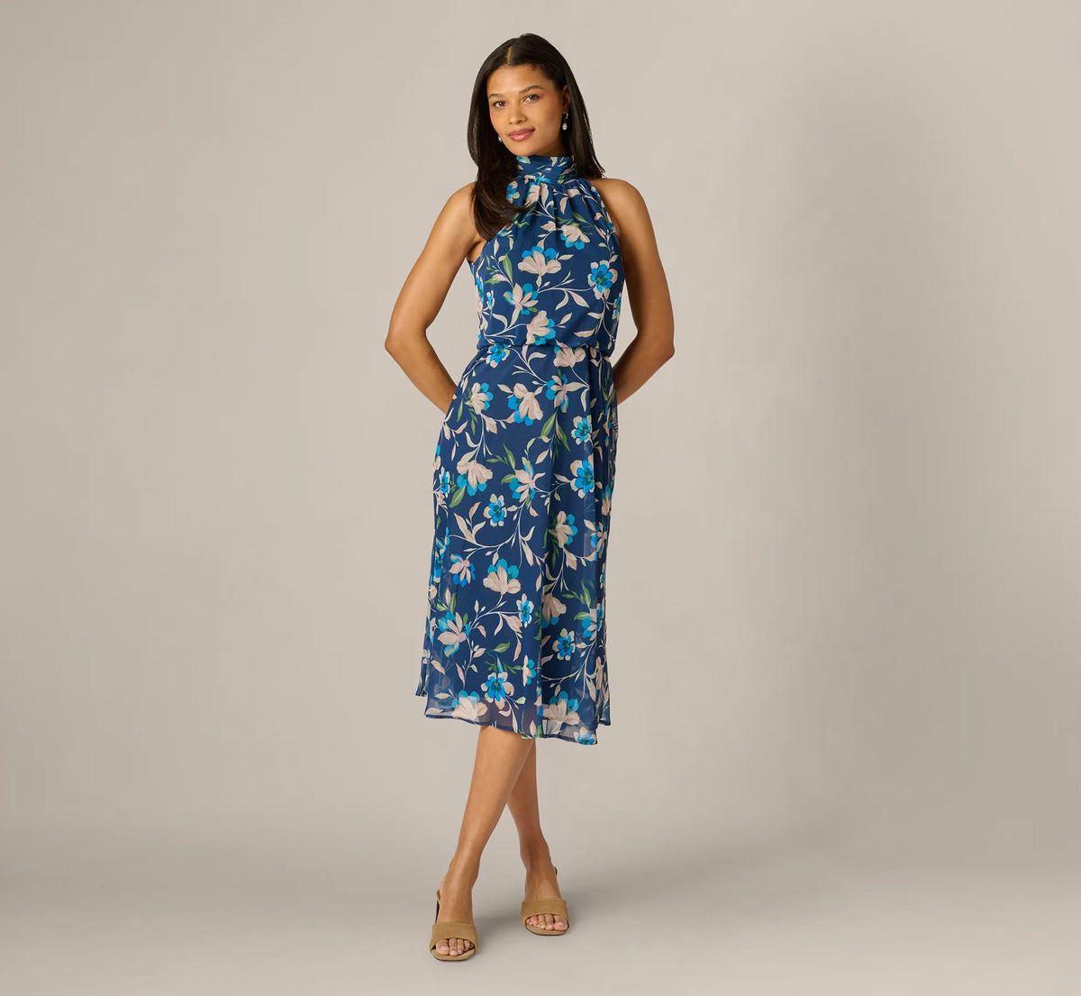 Floral Crinkle Chiffon Halter Midi Dress In Navy Multi