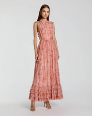 Pink Sleeveless Tiered Ruffle Floral Maxi Dress