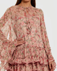 Pink Floral Long Sleeve Ruffle Mini Dress