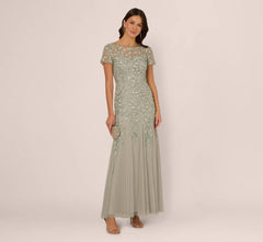 Hand Beaded Short Sleeve Floral Godet Gown In Frosted Sage