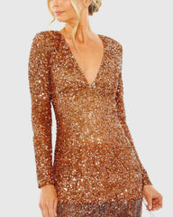 Orange V Neck Long Sleeve Sequin Dress with Fringe Detail