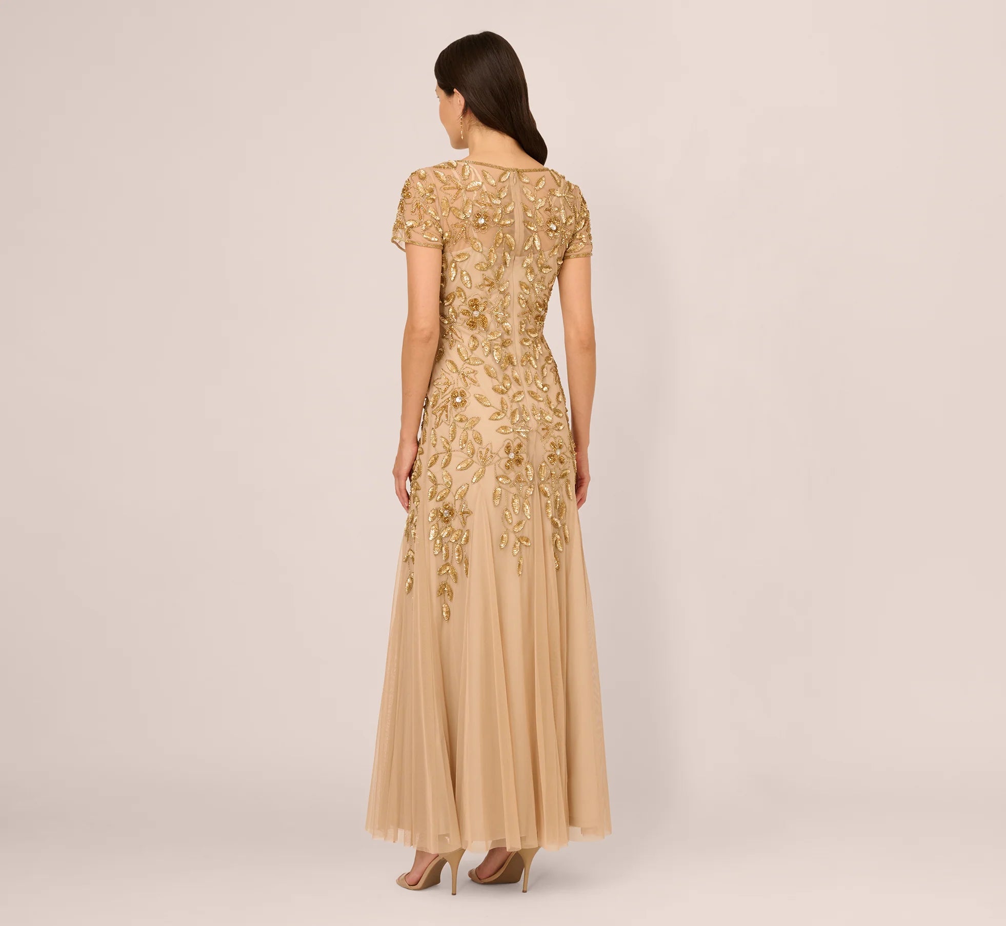 Hand Beaded Short Sleeve Floral Godet Gown In Champagne Gold