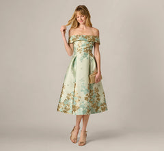 Floral Jacquard Ankle Length Dress With Off The Shoulder Neckline In Sage Gold