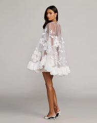 White Embellished Trapeze Mini Dress With Fringe Hem
