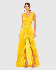 Yellow Cut Out High Low Ruffle Gown