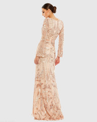 Pink Sequined Faux Wrap Split Long Sleeve Gown
