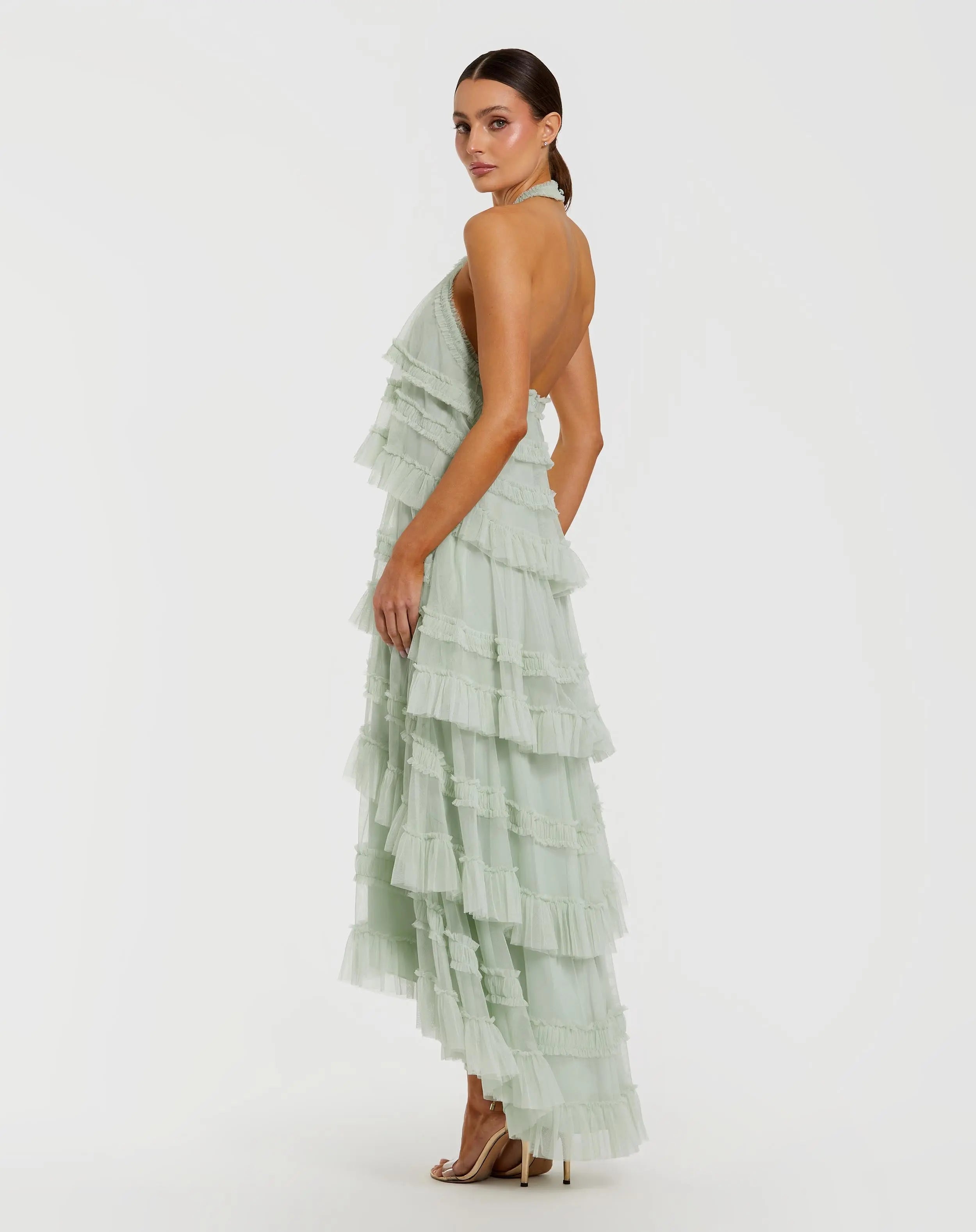 Green Tiered Ruffle Halter Neck Midi Dress