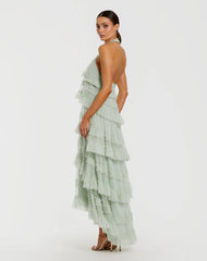 Green Tiered Ruffle Halter Neck Midi Dress
