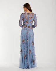Blue Long Sleeve Floral Beaded Gown