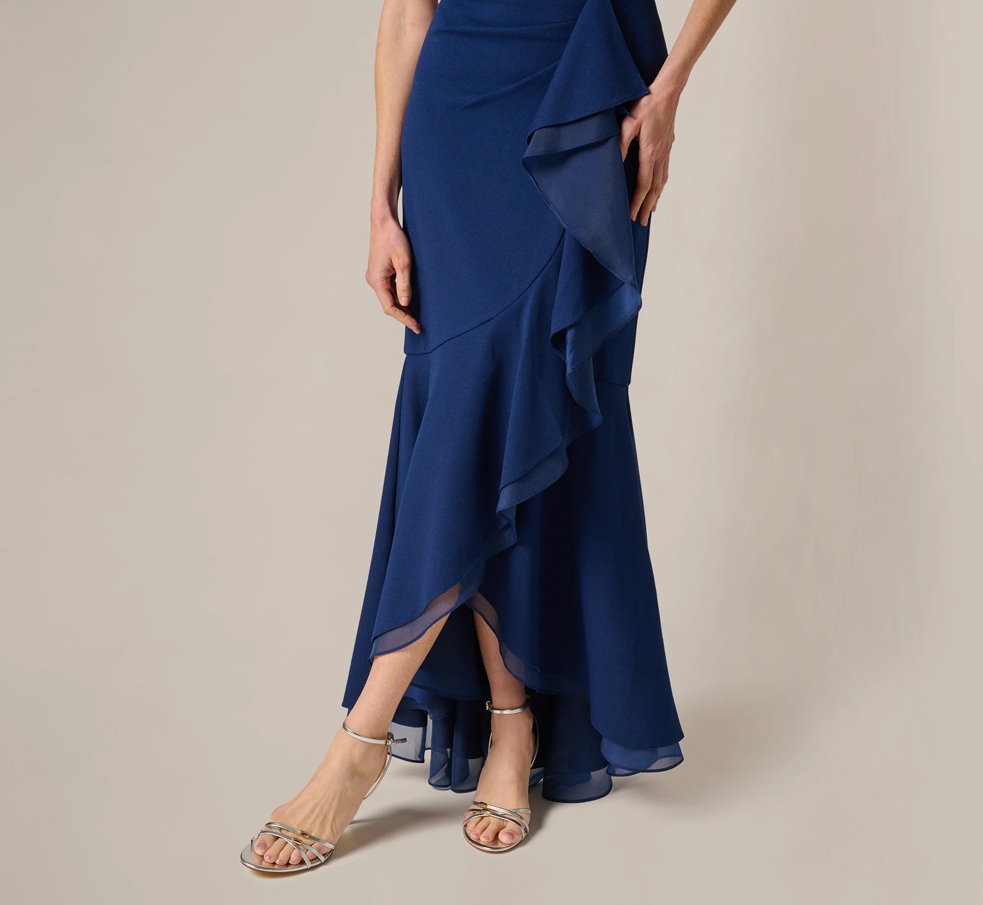 Off Shoulder Stretch Crepe Draped Gown In Navy Sateen