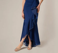 Off Shoulder Stretch Crepe Draped Gown In Navy Sateen