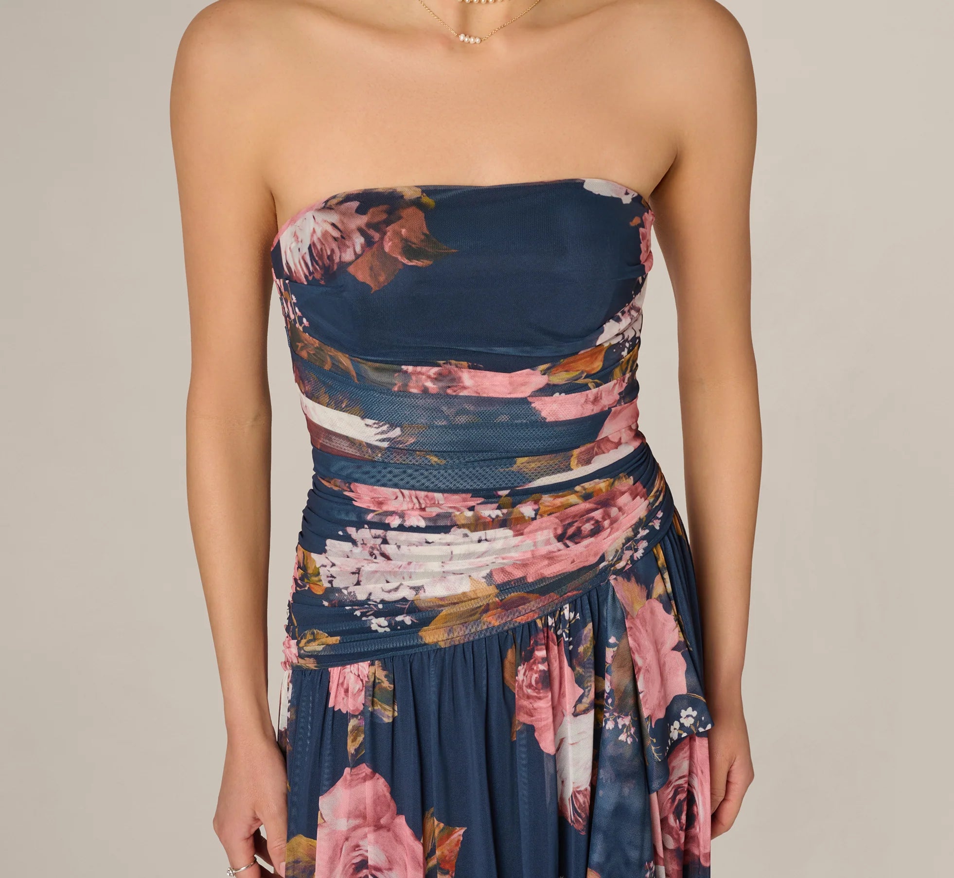 Strapless Ruched Floral Stretch Mesh Gown In Navy Multi