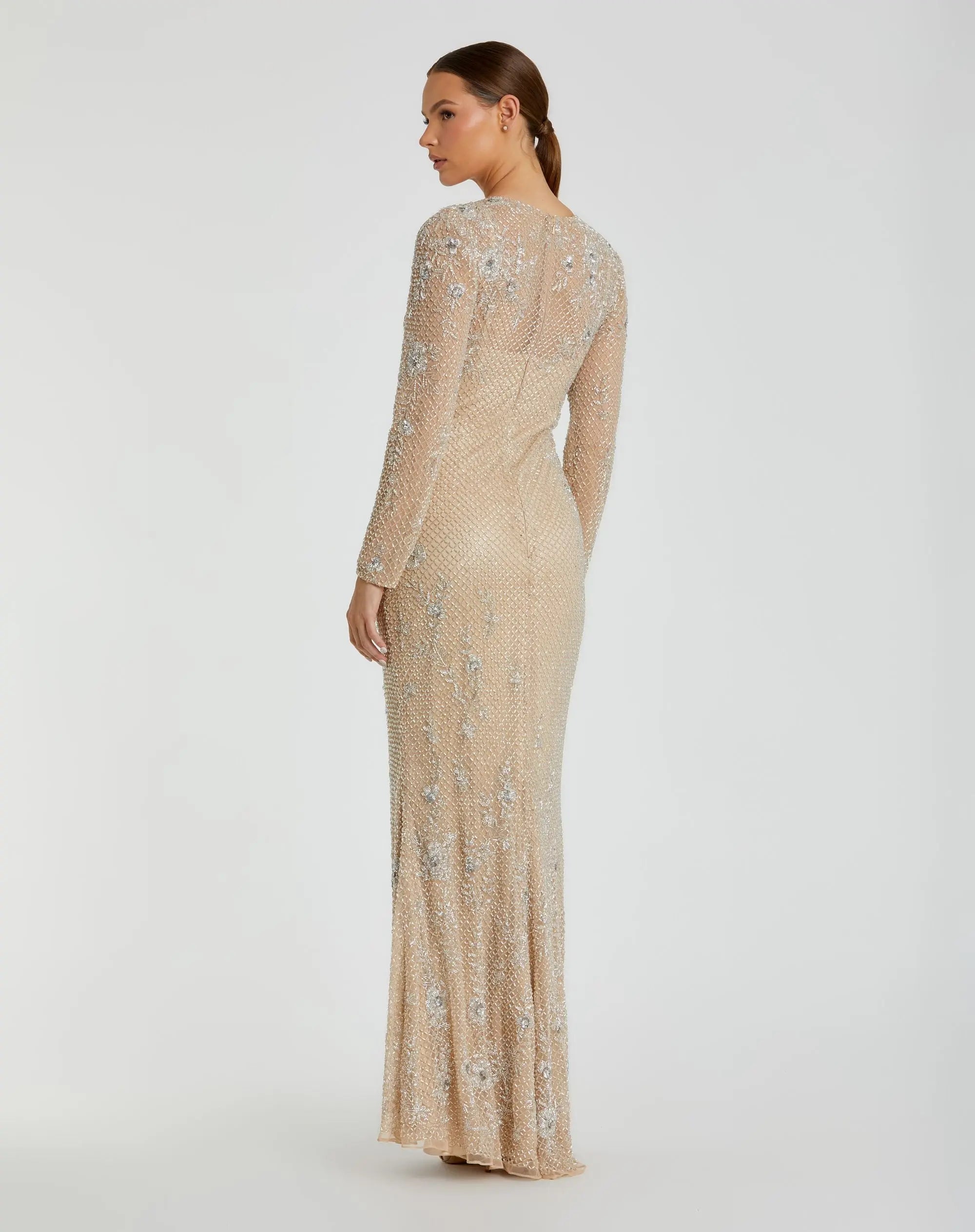 Beige Long Sleeve Beaded Evening Gown