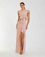 Beaded Cap Sleeve Crepe Gown With Bow and Slit