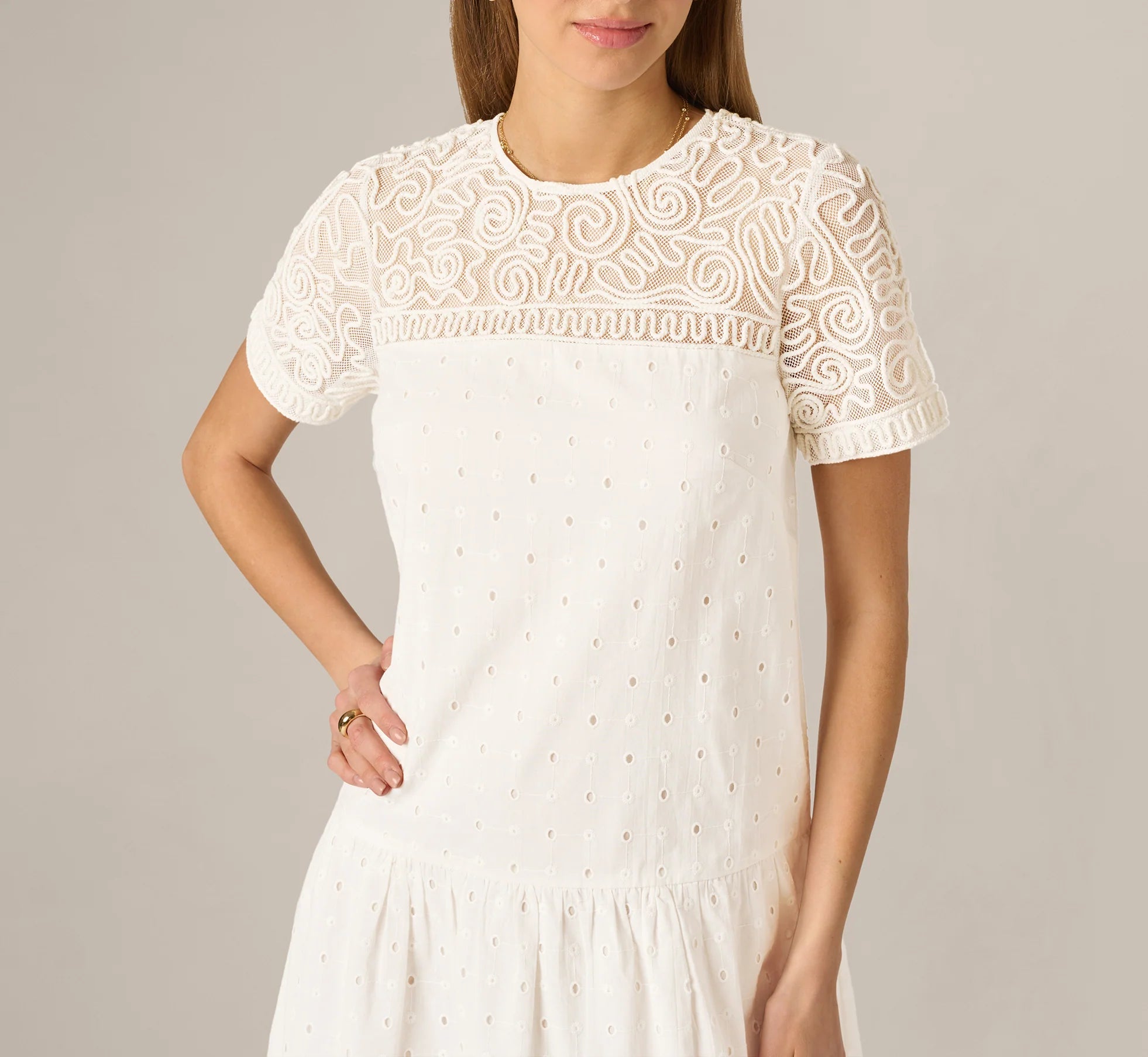 Short Sleeve Drop Waist Cotton Eyelet Shift Dress In Ivory