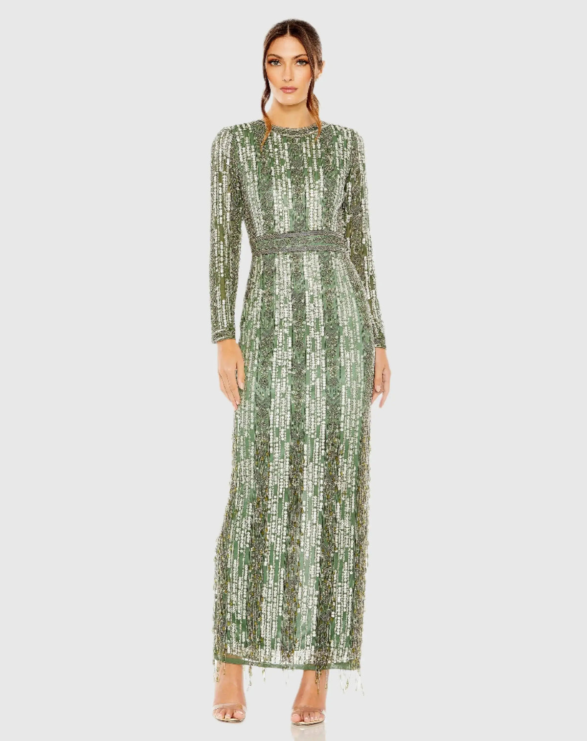 Long Sleeve Beaded Gown with Crystal Fringe