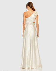 Beige Ruffled One Shoulder Cut Out Hi-Low Gown