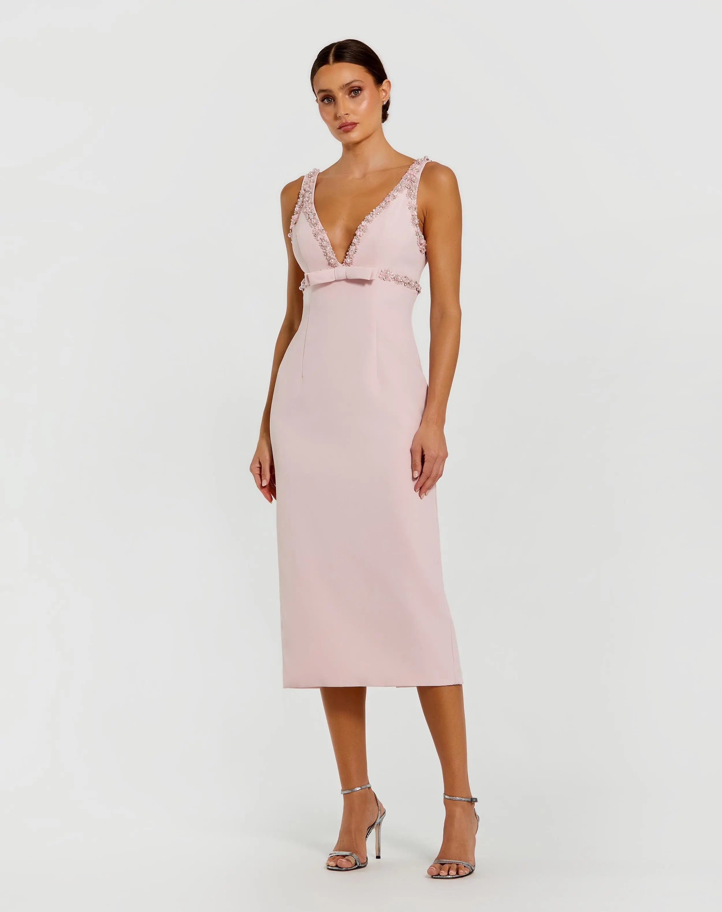 Crepe Fitted Midi Dress With Bow And Beaded Trim