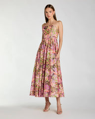 Multicolor Strapless Sequin Floral Midi Dress