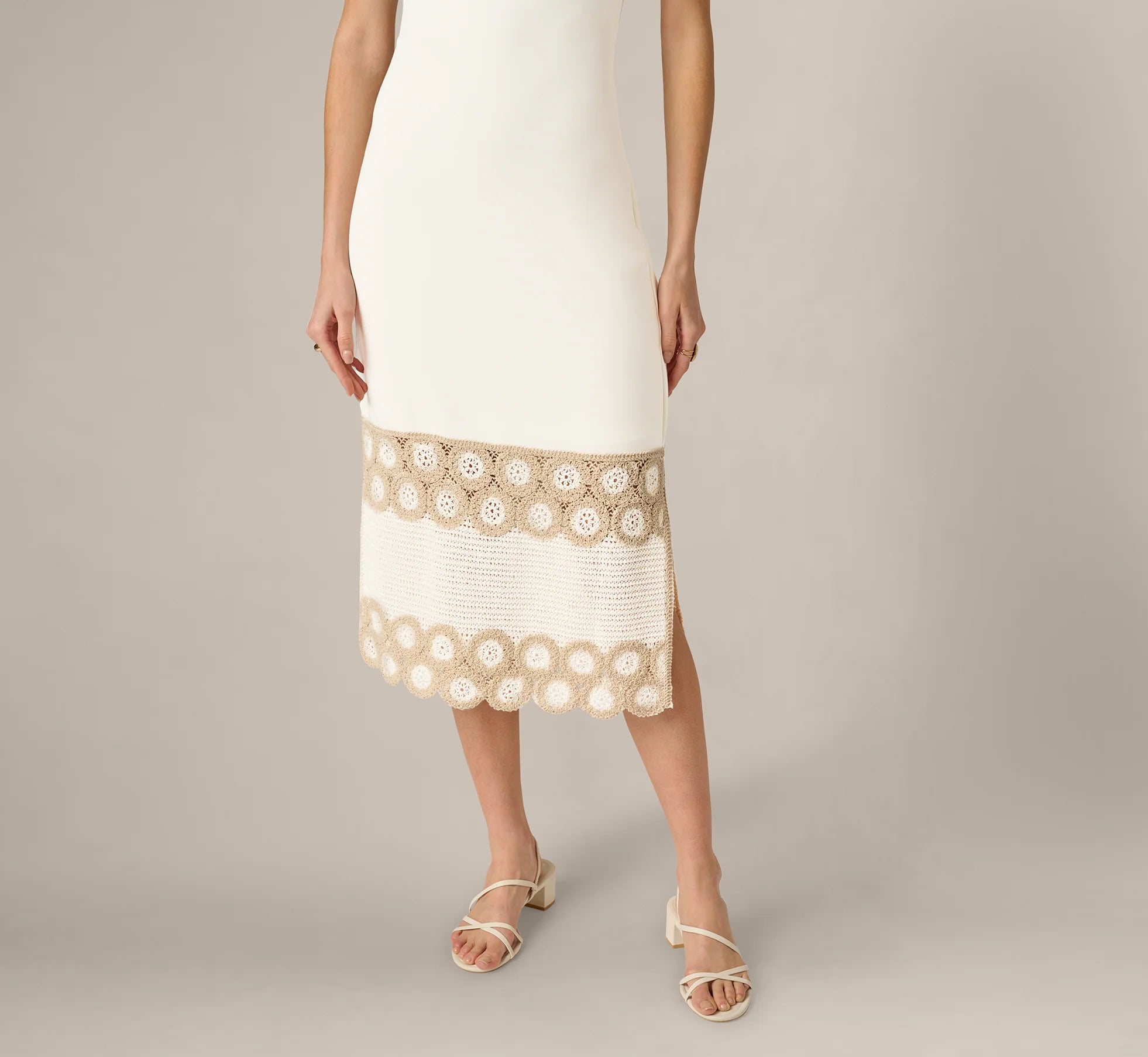 Crochet Trimmed Sheath Midi Dress With Tank Straps In Ivory