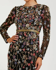 Black Embellished Mesh Long Sleeve Gown