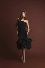Black Strapless Crepe Midi Dress With Bubble Hem