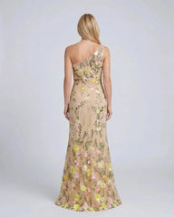Petite Beige One Shoulder Lace Embroidered Gown
