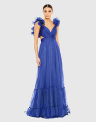Blue Ruffle Tiered Cut-Out Chiffon Gown - FINAL SALE