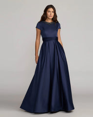 Navy Embellished Satin Cap Sleeve Ball Gown