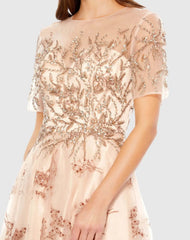 Pink Embellished Illusion Short Sleeve A Line Gown