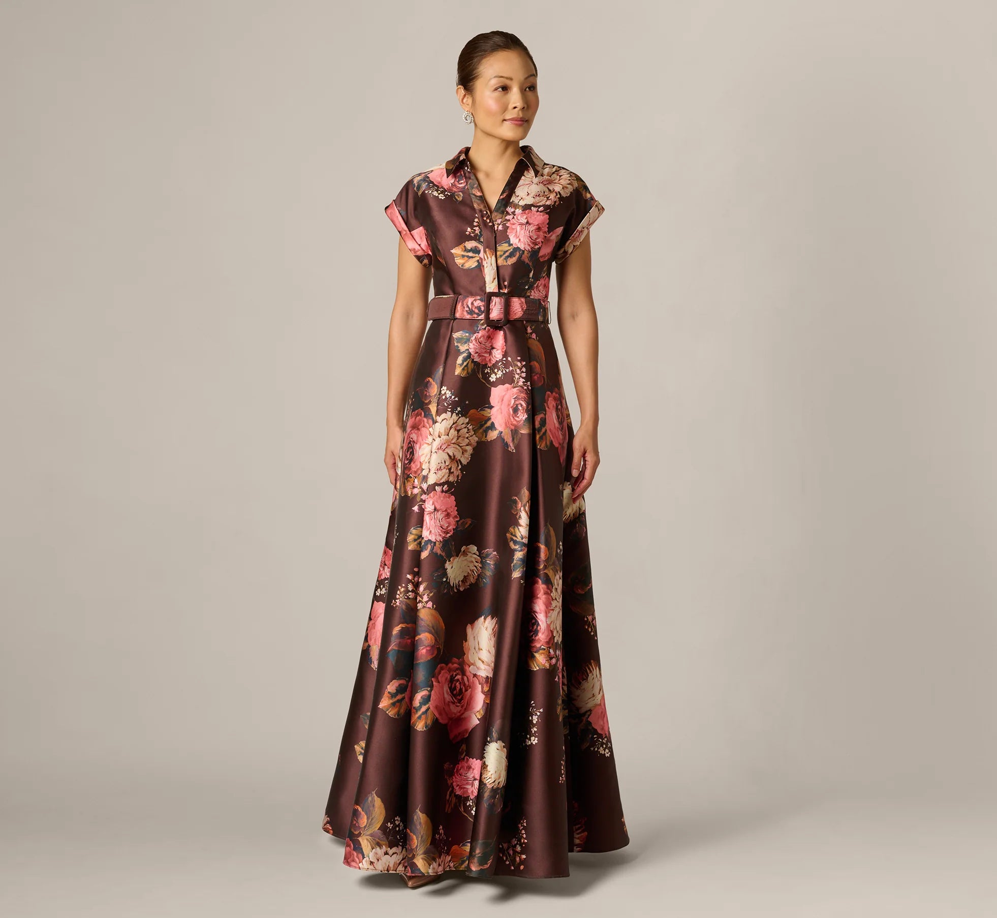 Short Sleeve Rose Floral Ballgown In Brown Multi