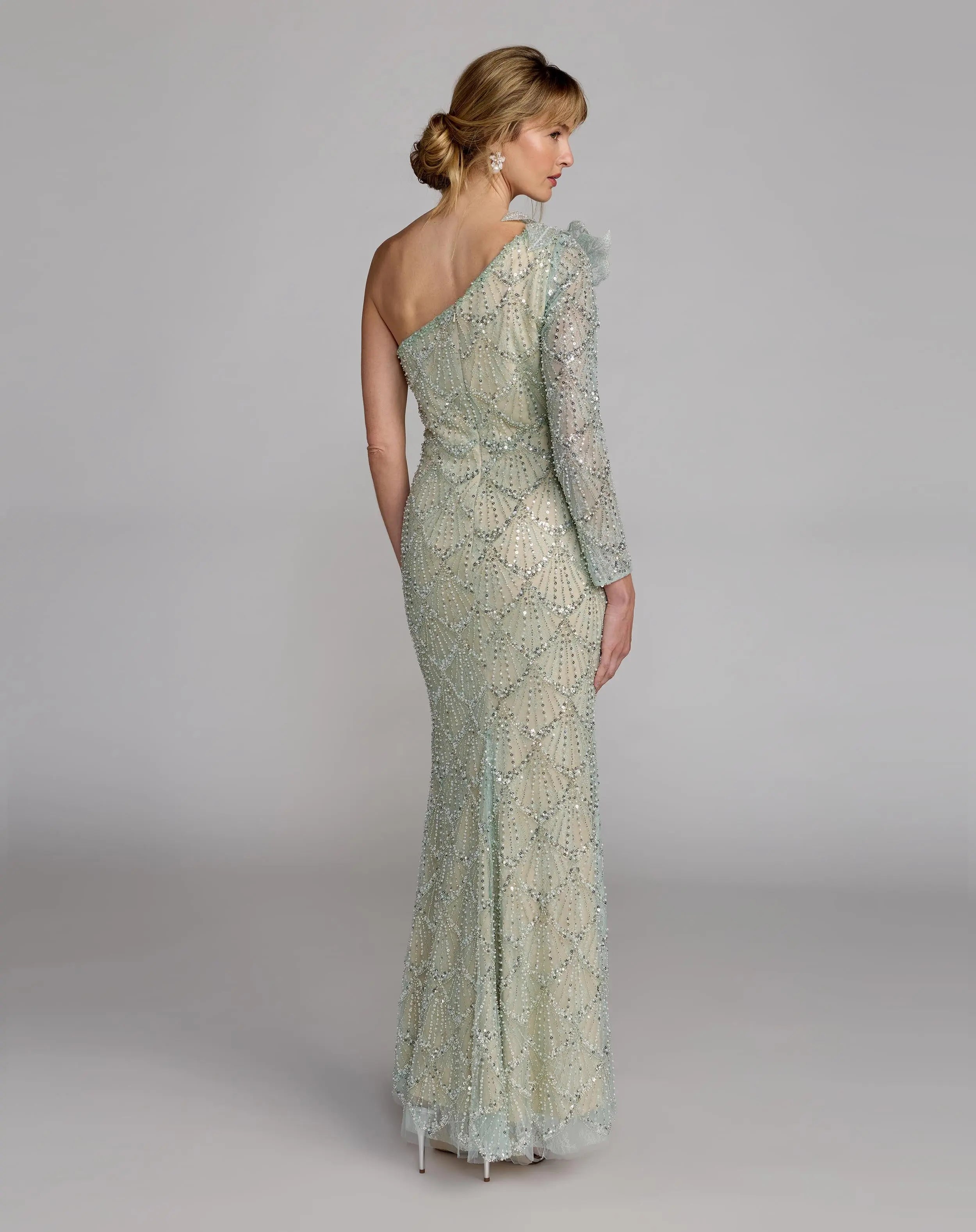 Green One Shoulder Embellished Gown With Floral Accent